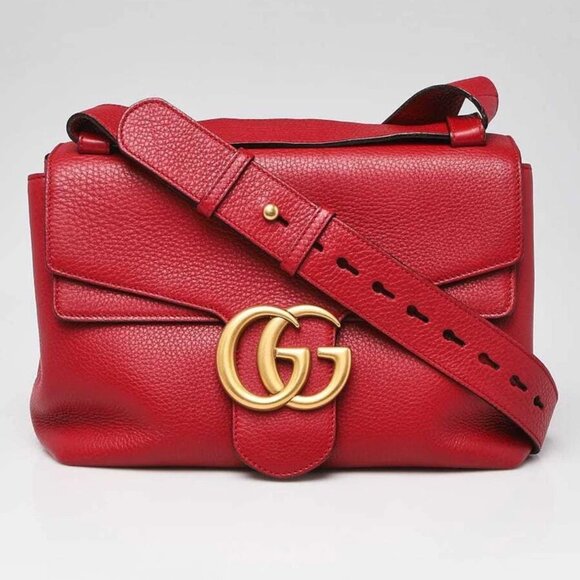 Gucci Red Pebbled Leather Marmont Medium Shoulder Bag - Picture 1 of 9